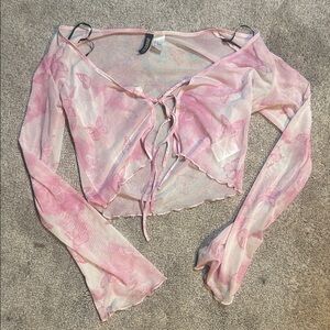 Divided Pink Butterfly Mesh Crop Top